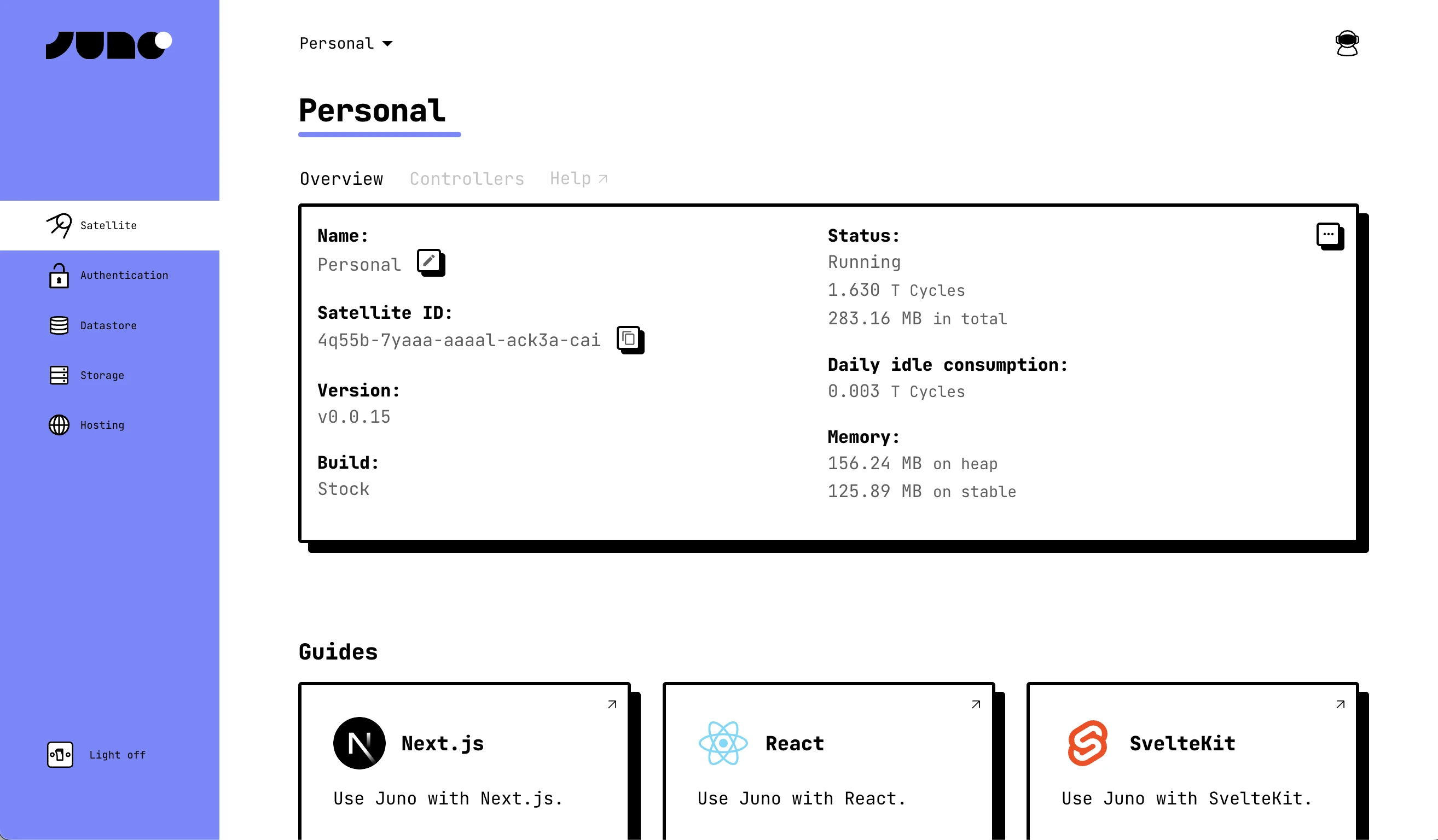 Juno console interface for hosting a static website on the Internet Computer