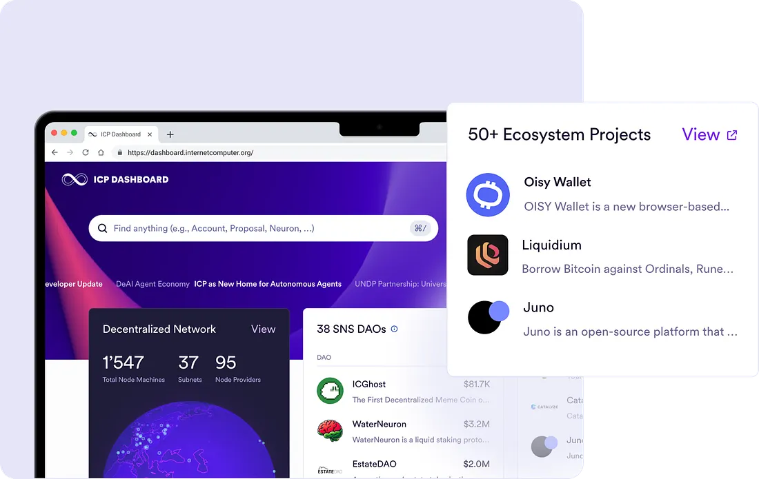 Internet Computer Dashboard homepage with network and ecosystem information