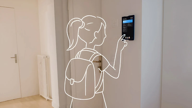 Family Dashboard mounted in a home with an illustrated family member using it