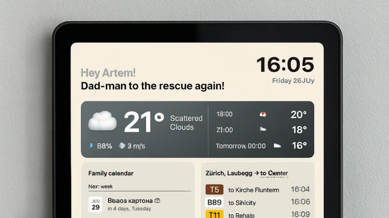 Wall-mounted Family Dashboard showing weather, calendar, and transport information