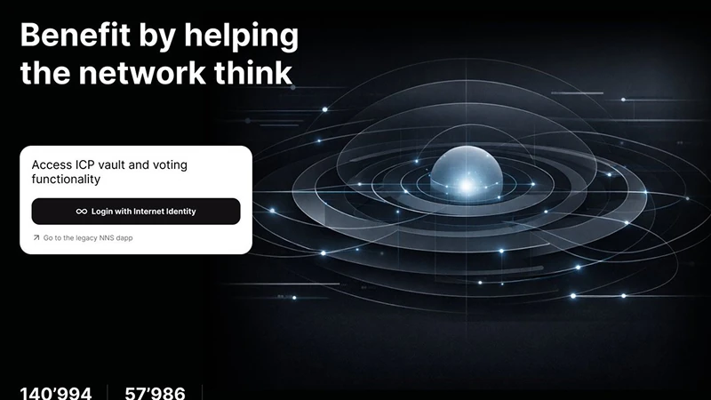 NNS governance interface with Internet Identity login and network visualization