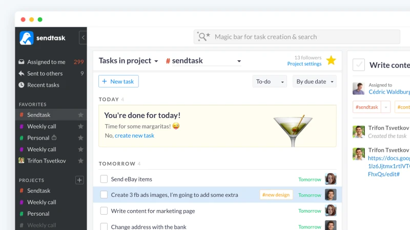Sendtask desktop interface showing projects and task details