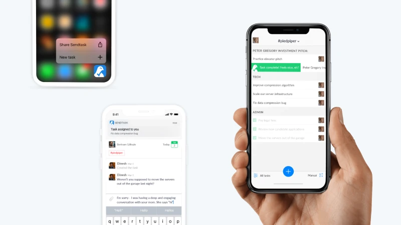 Sendtask mobile interfaces showing task creation and collaboration