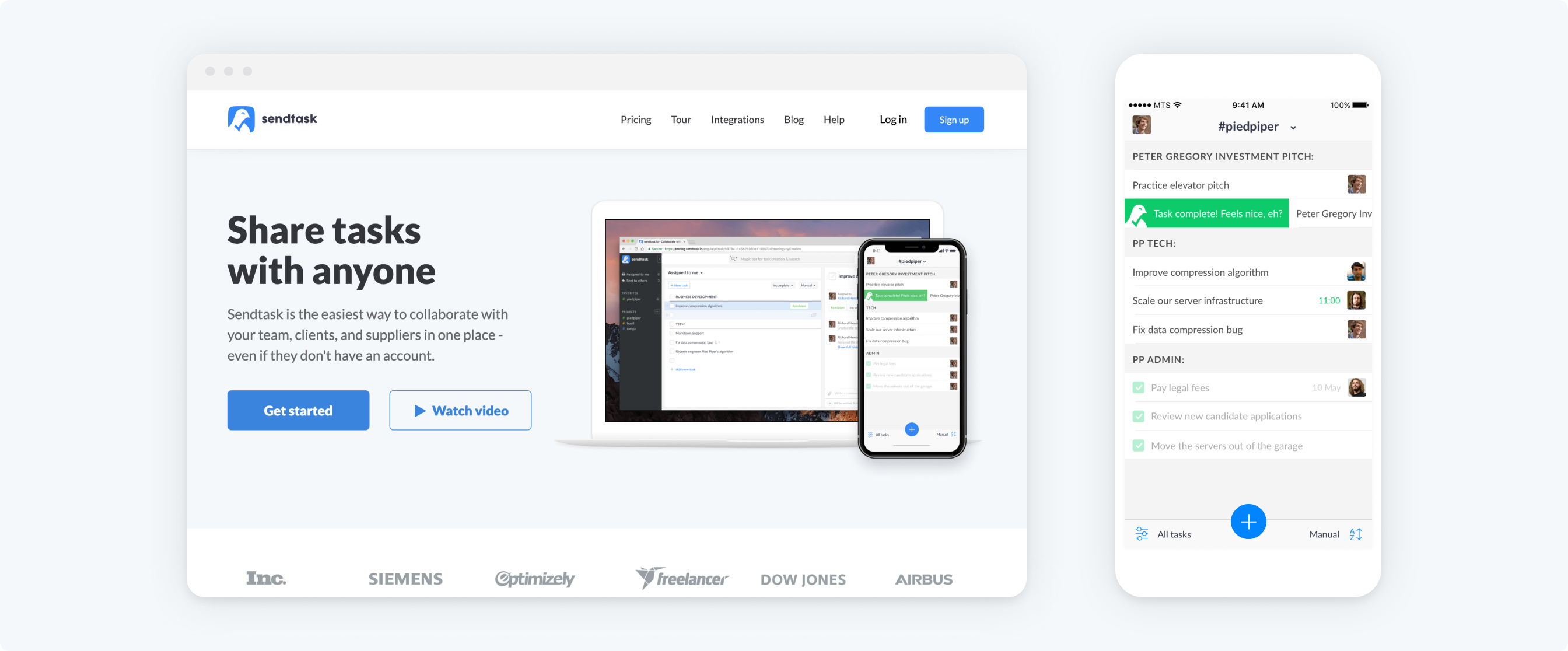 Sendtask collaboration platform interface showing task management and team communication features