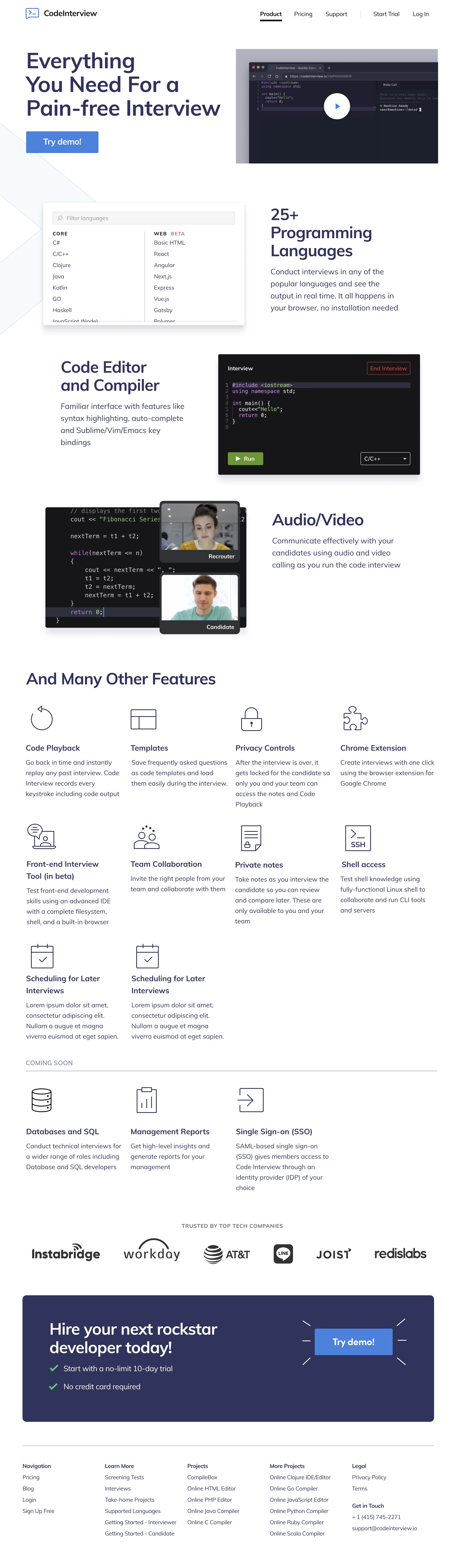 CodeInterview features page showing live coding interview product capabilities