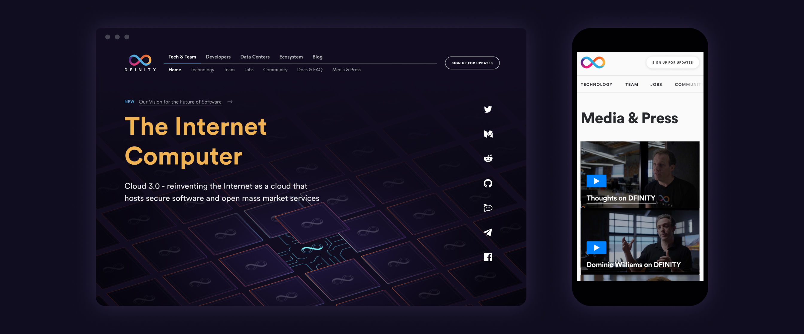 DFINITY website homepage showing abstract network visualization and Internet Computer branding