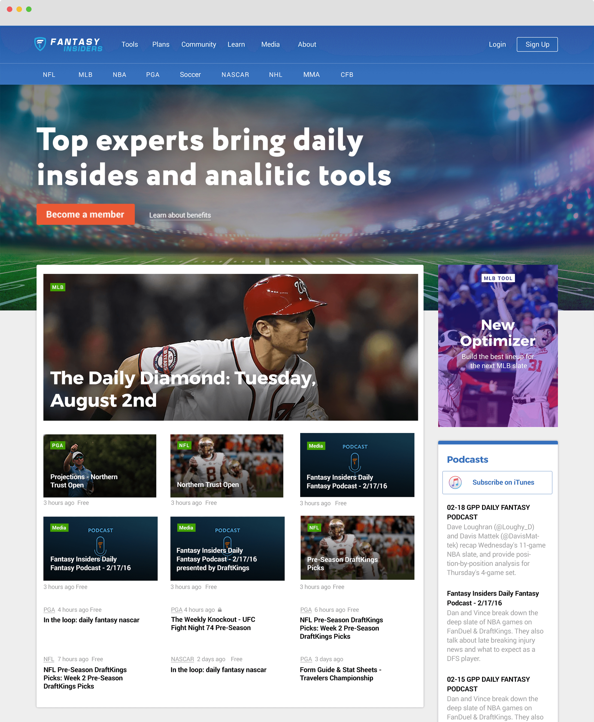 FantasyInsiders homepage redesign for research content, subscriptions, and conversion