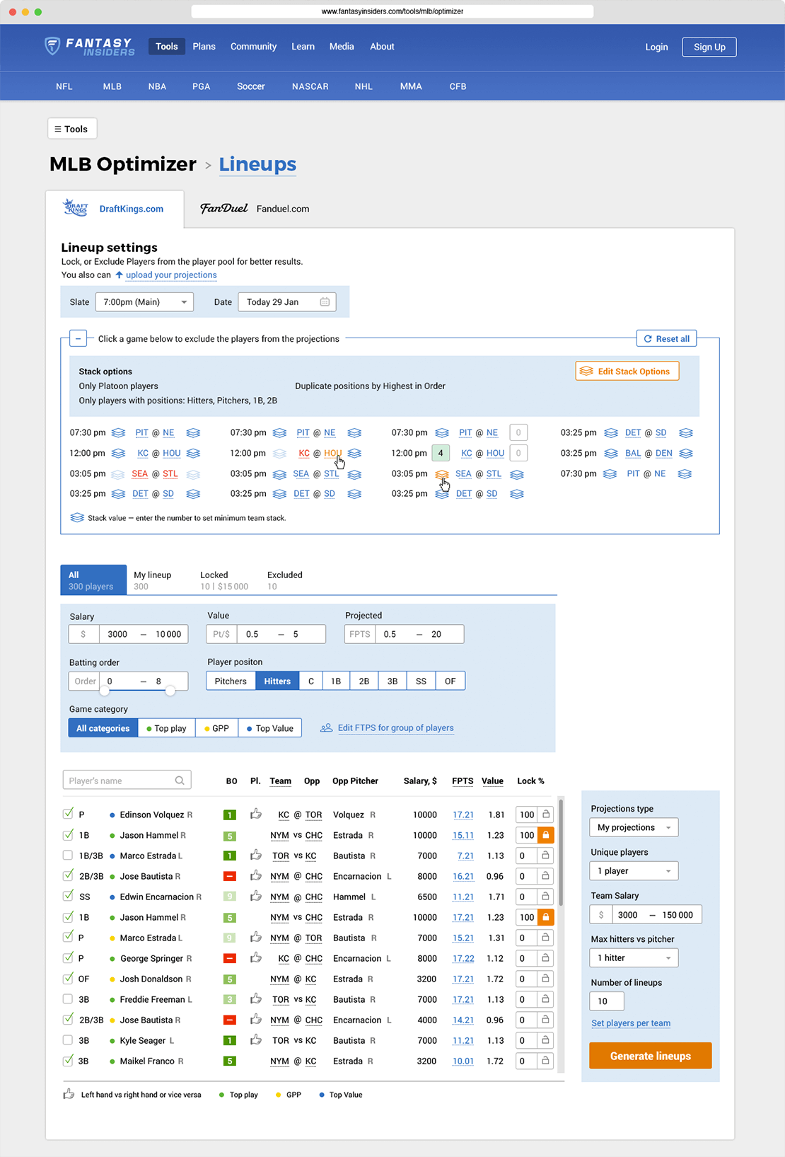FantasyInsiders lineup optimizer tool interface