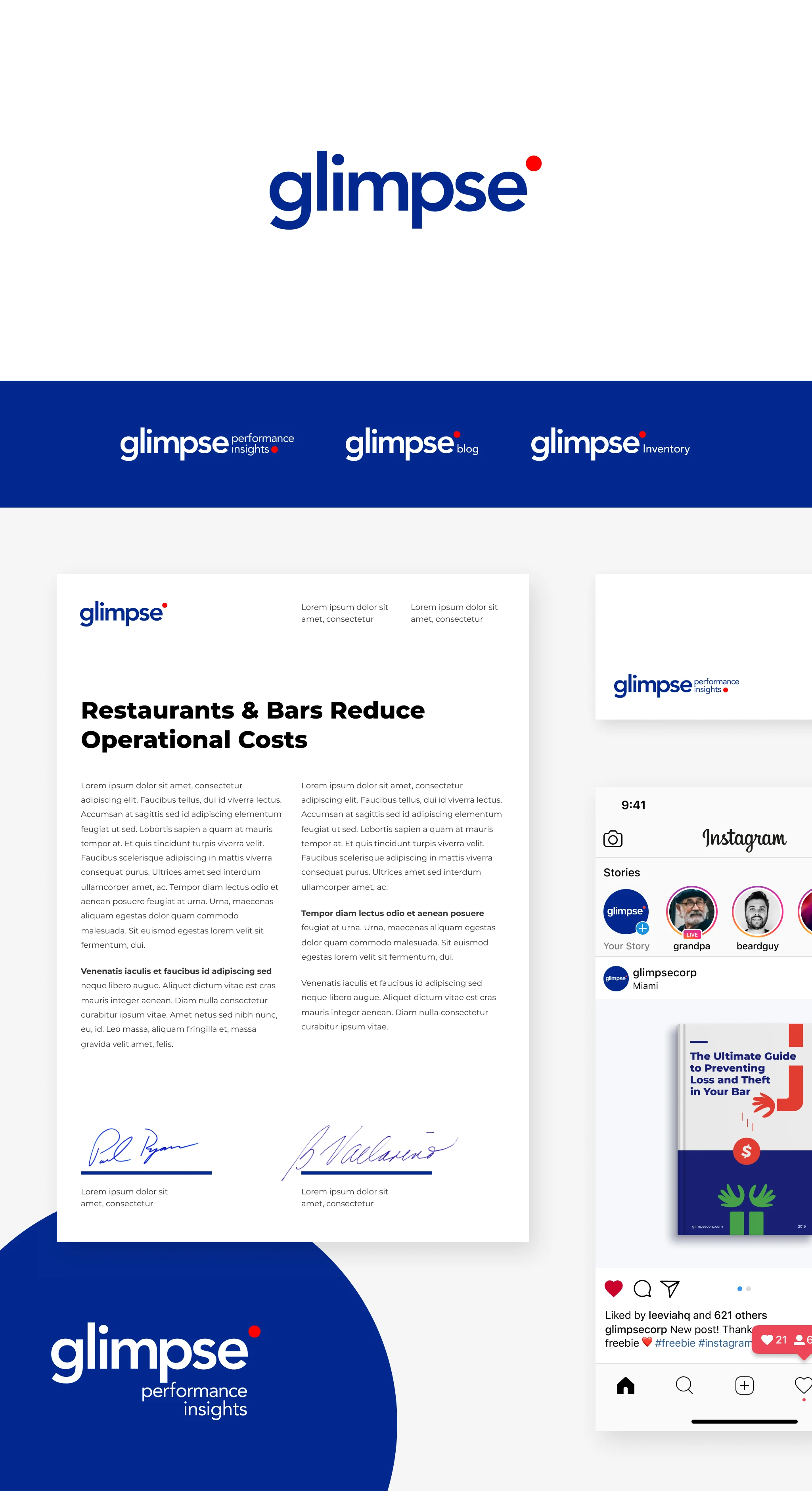 Glimpse brand system with logo, typography, color, and camera-inspired red dot