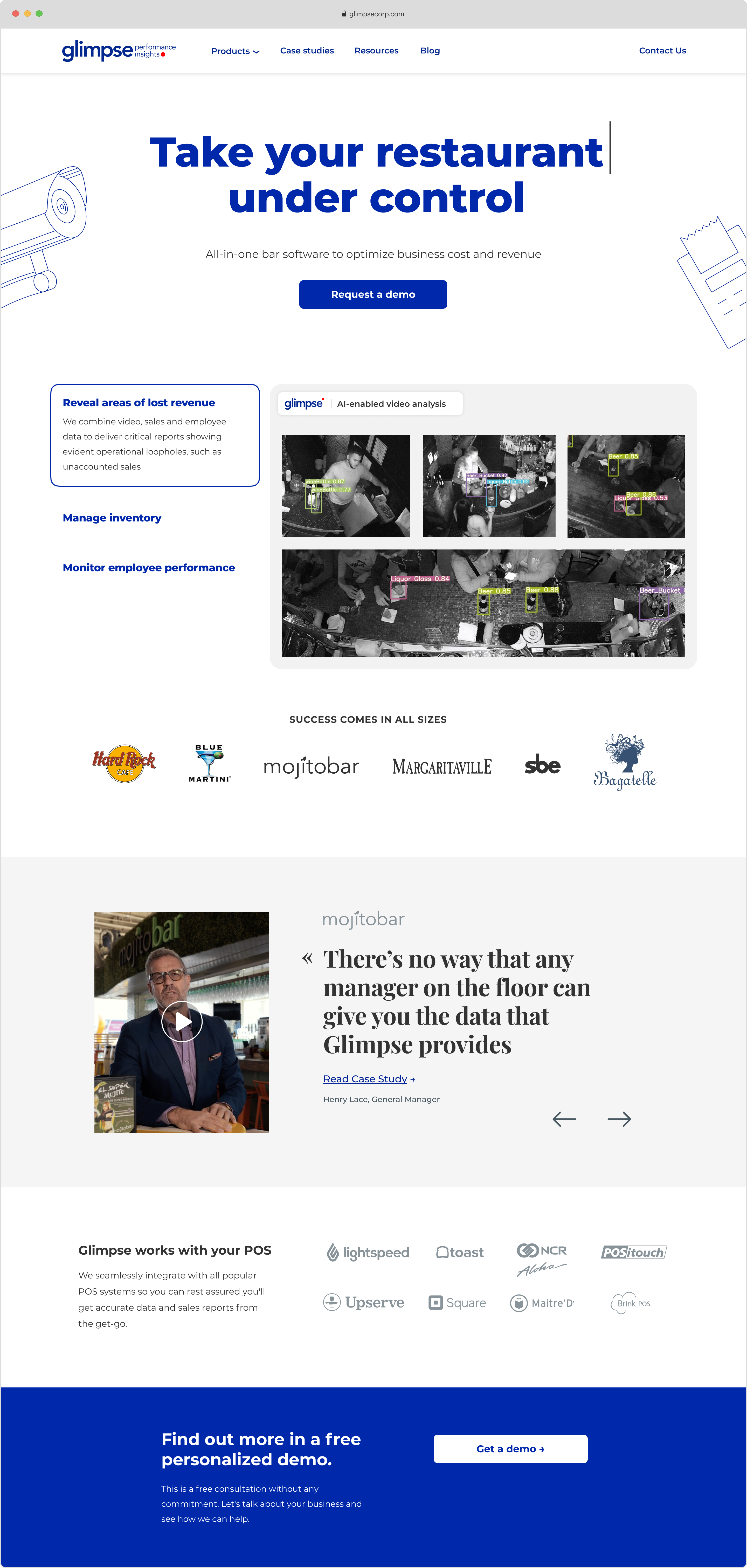 Glimpse marketing homepage explaining hospitality operations analytics