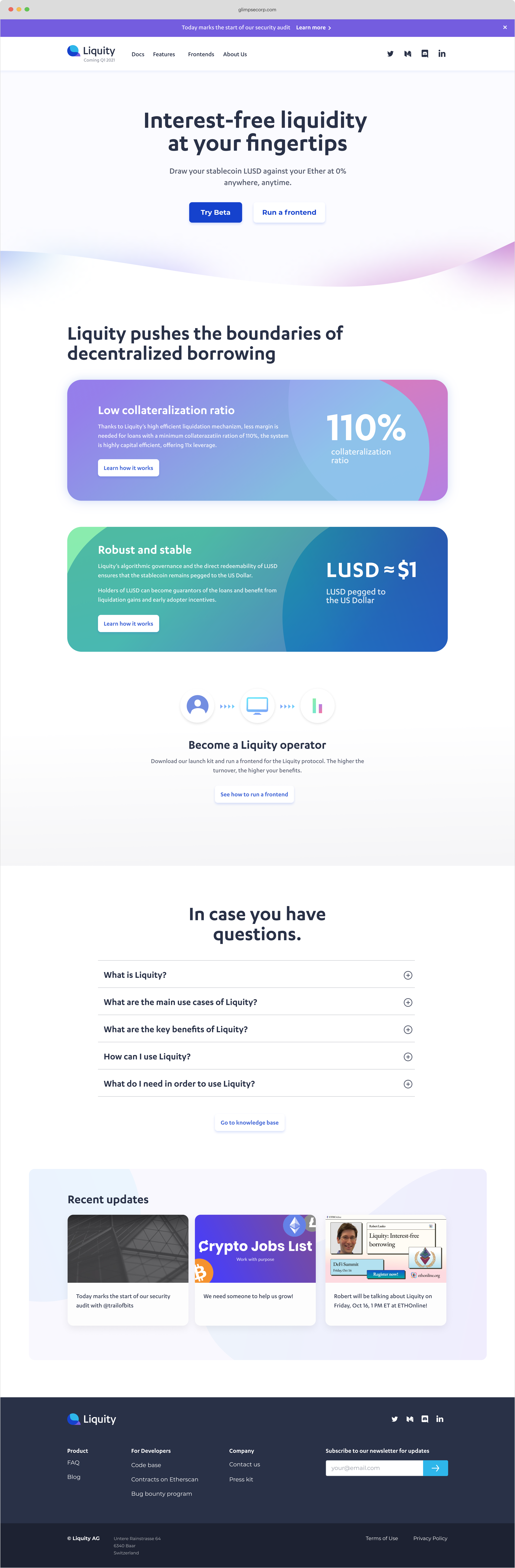 Liquity launch website explaining how its borrowing protocol works