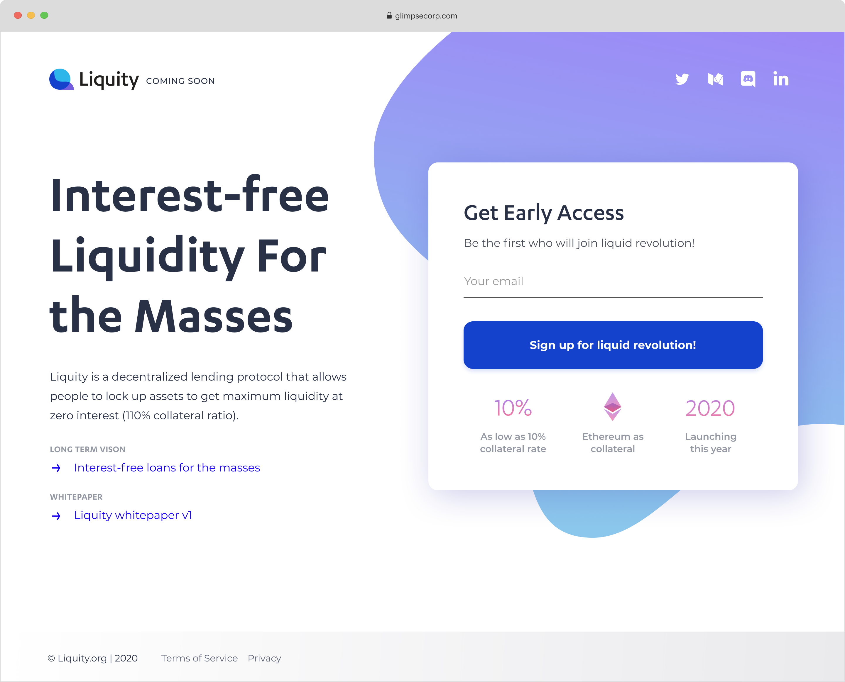Liquity pre-launch website explaining the decentralized borrowing protocol