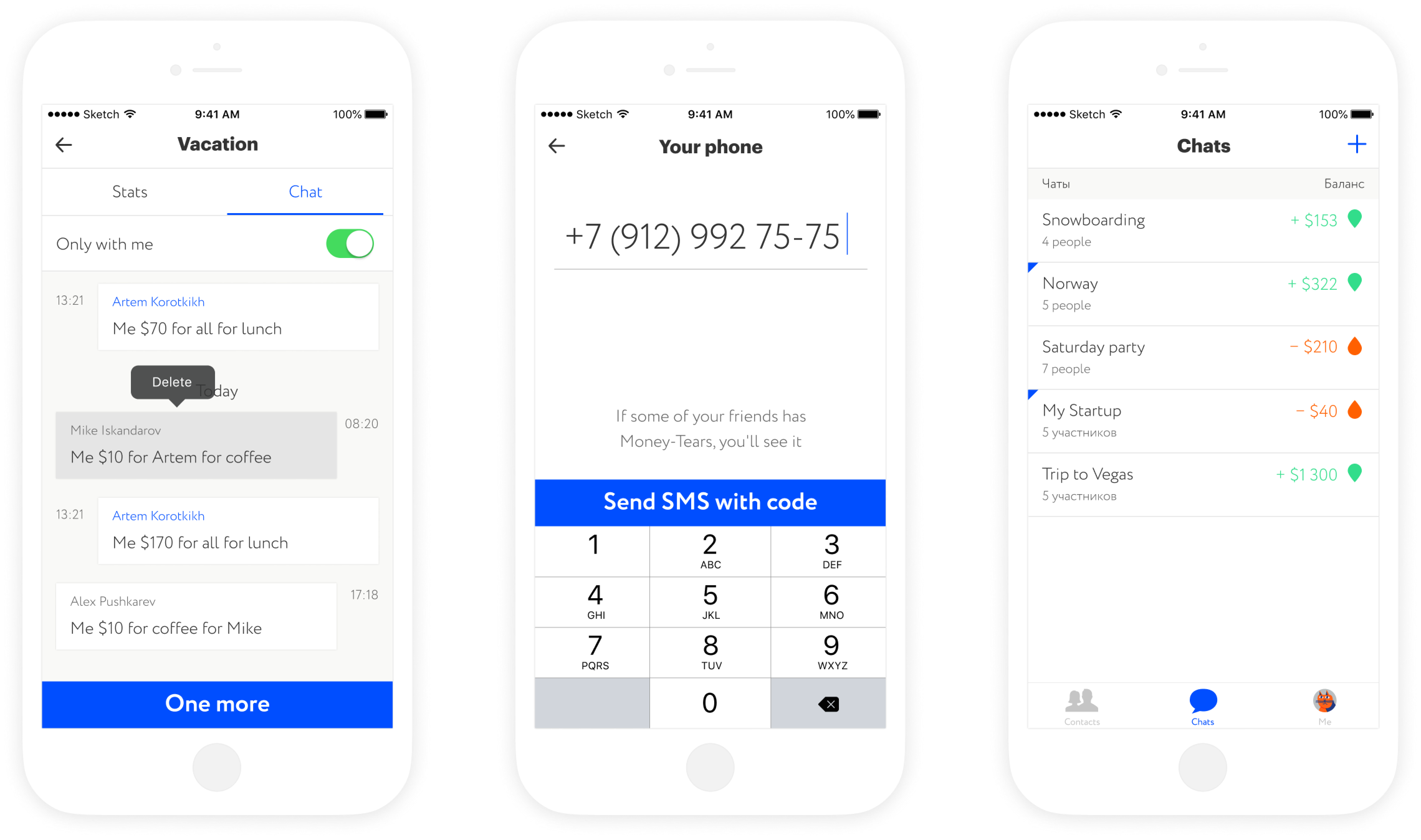 MoneyTears contact-based shared expense flow and chat-like transaction history