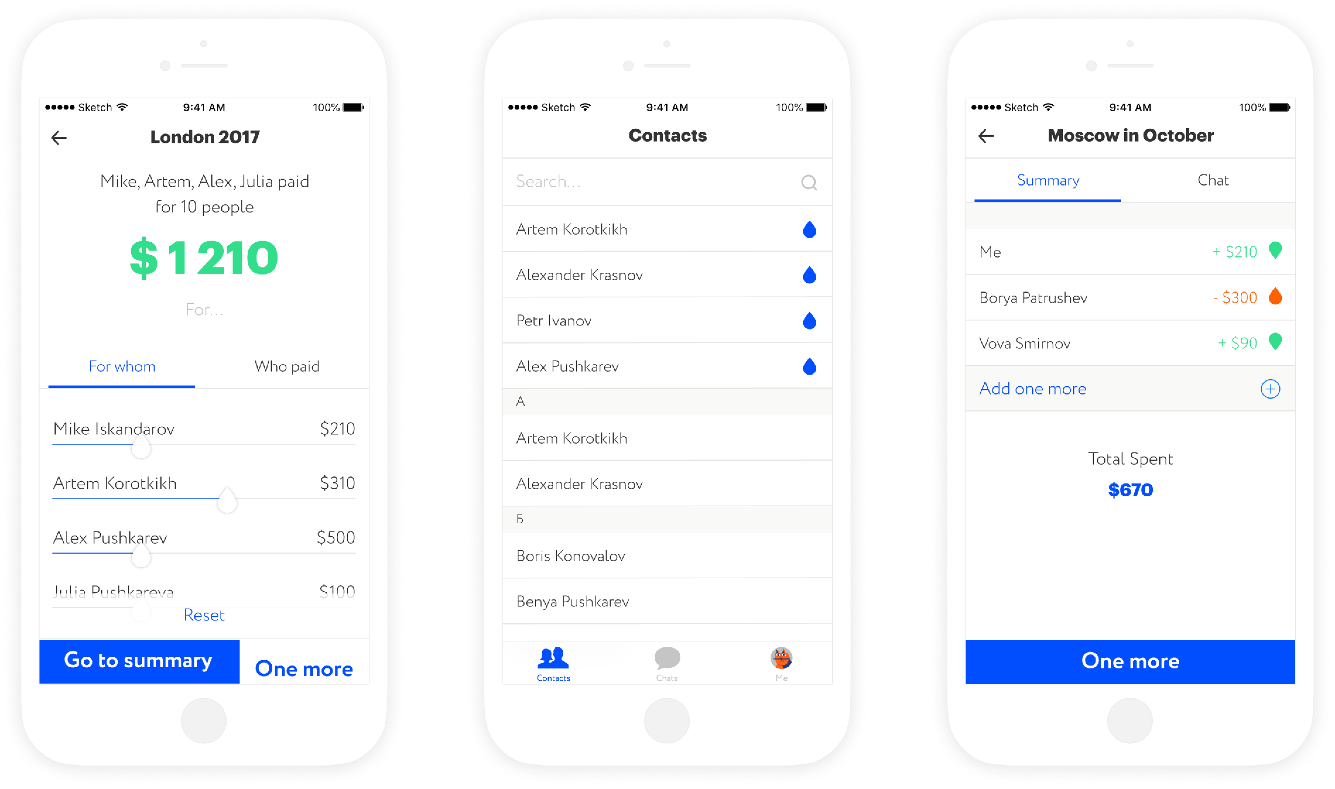 MoneyTears smart bill-splitting controls and balance breakdown interface