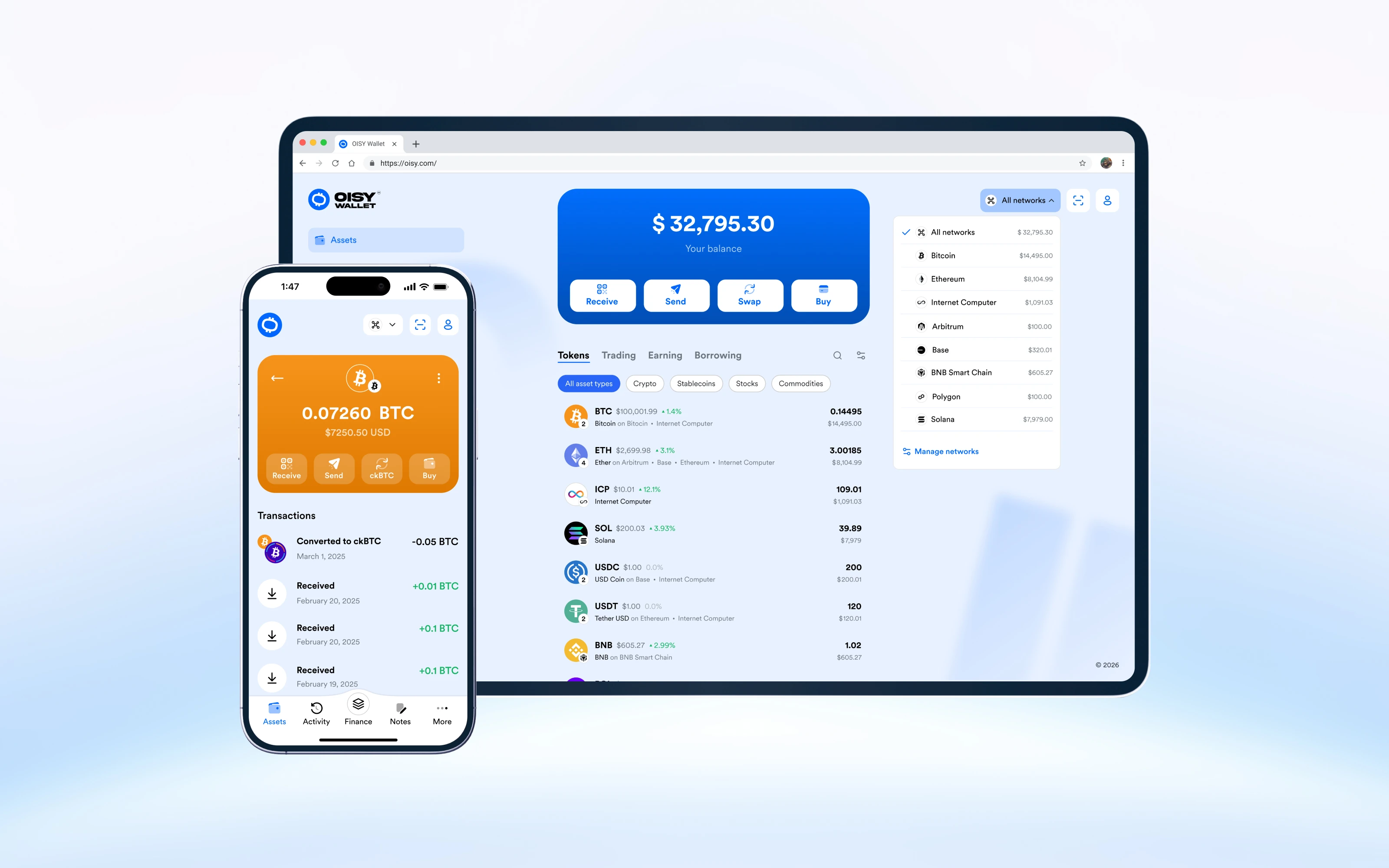 OISY Wallet shown in light mode across desktop and mobile interfaces