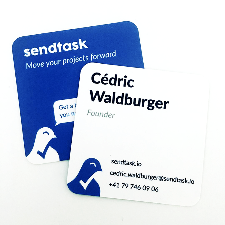 Sendtask business cards showcasing clean brand identity and contact information layout