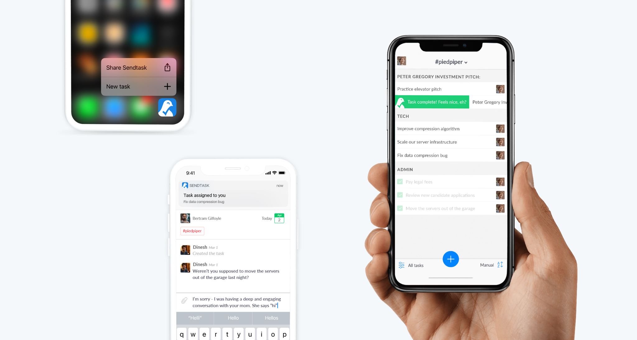 Sendtask iOS and Android mobile app screens for task collaboration