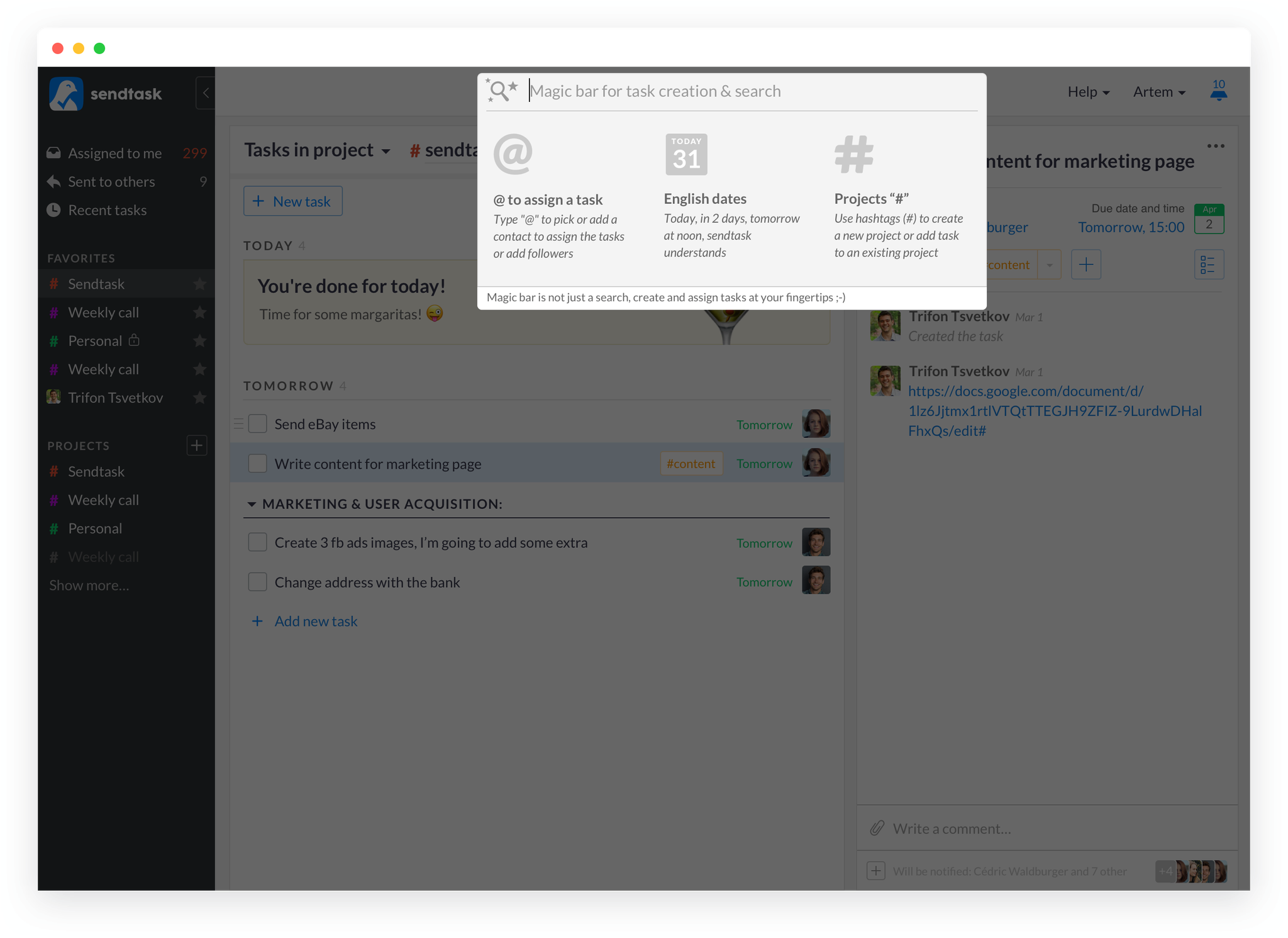 Sendtask Magic Bar natural language task creation and search