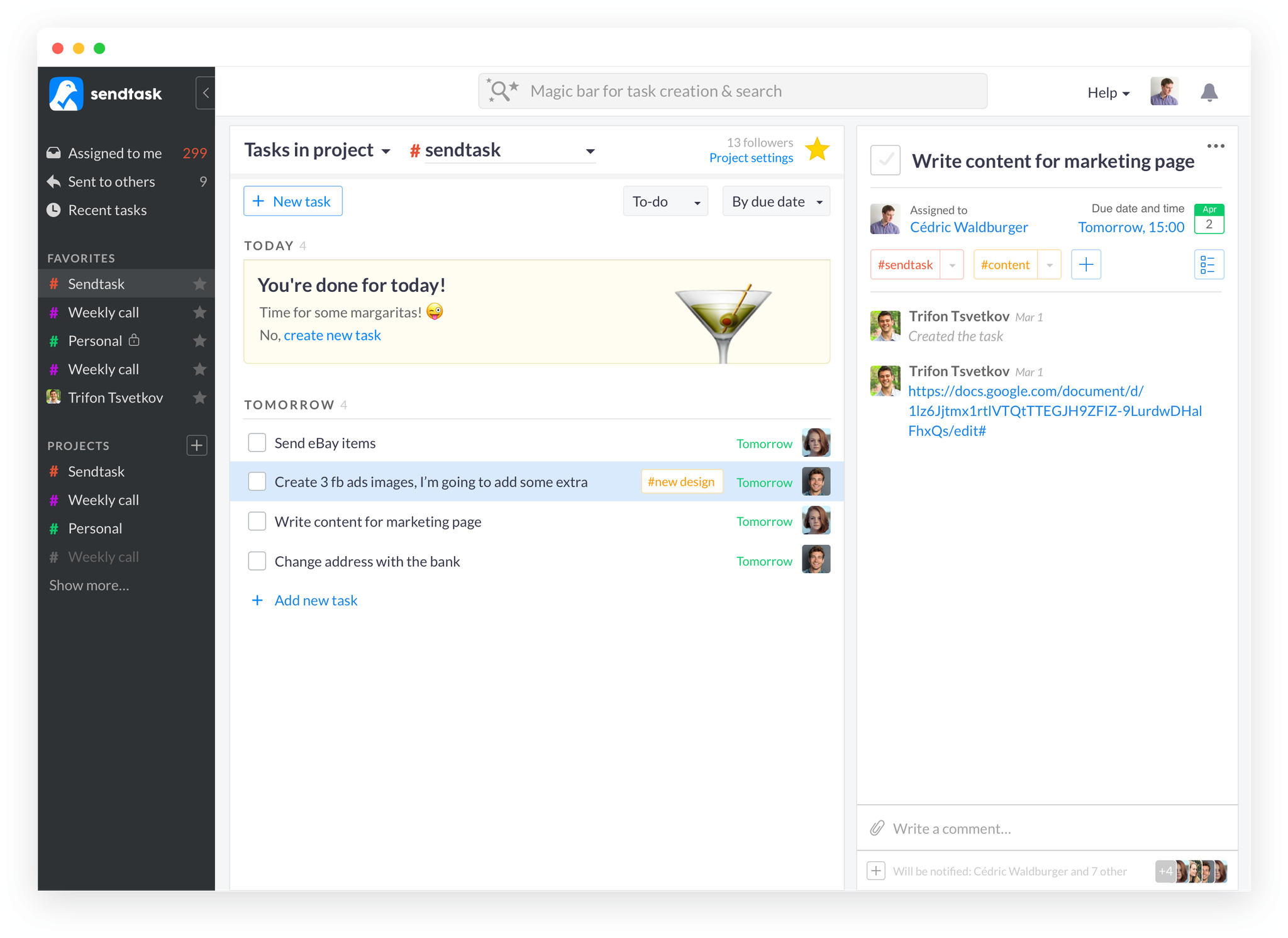 Sendtask task management interface with sidebar, task list, and task detail panel
