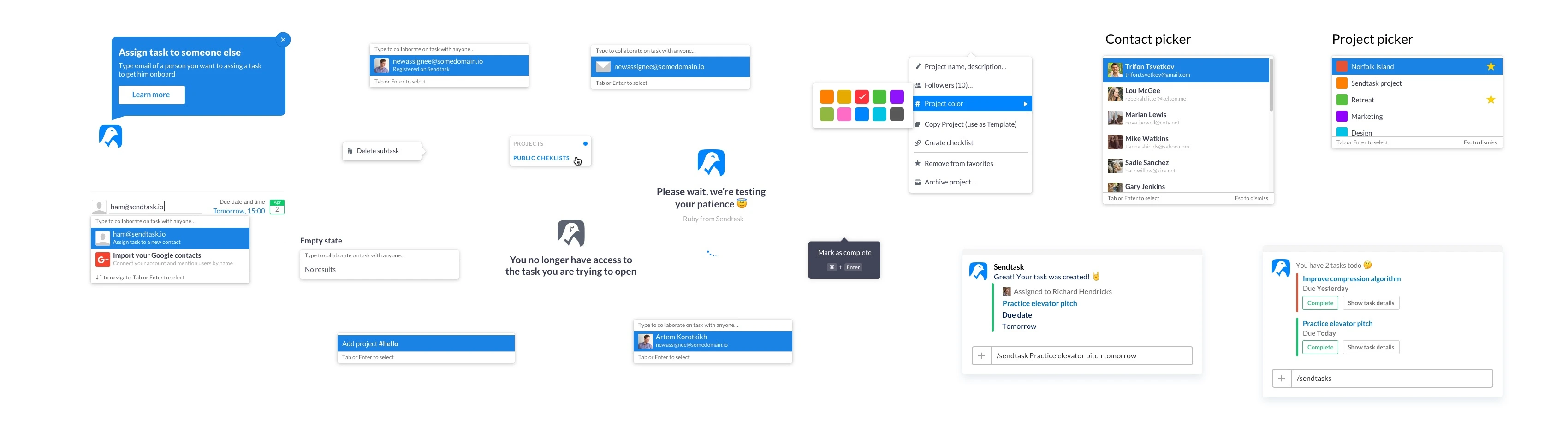 Sendtask UI elements for task status, collaboration, and product controls